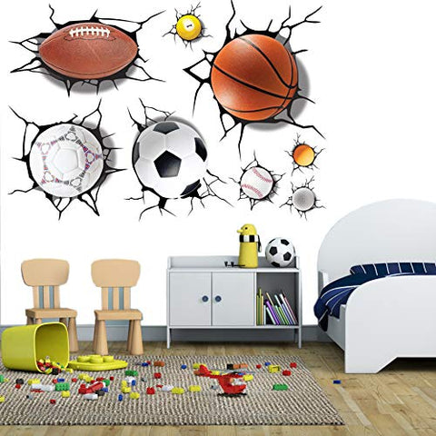 U-Shark 3D Self-adesive Removable Break Through The Wall Vinyl Wall Stickers/Murals Art Decals Decorator Kid's Favor (2080 Sports Basketball Football Soccer Tennis(50x70cm))