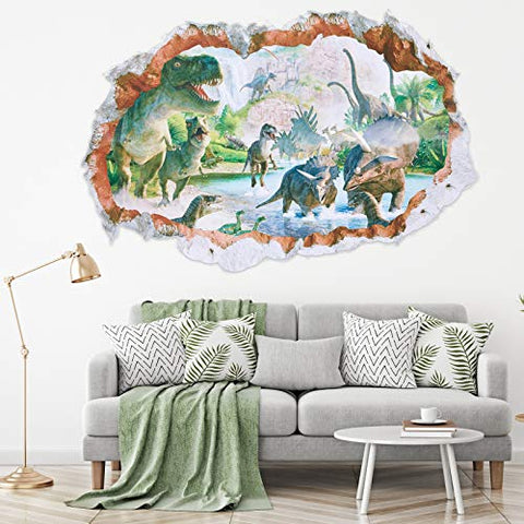 2 Sheets 3D Dinosaur Wall Decals Dinosaur Forest Wall Stickers Self Adhesive 3D Smashed Wall Arts Removable Wall Mural Decals for Kids Nursery Bedroom Living Room (Flying and Jumping Dinosaurs)