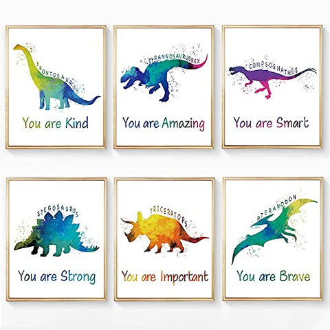 Inspirational Dinosaur Watercolor Art Prints Set of 6 (8”X10”), Dinosaur Wall Art Poster for Boys & Girls, Son, Kids Room, Nursery, Home Decor, Unframed