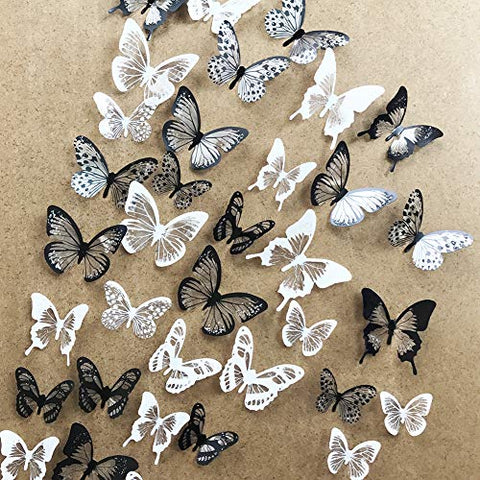 36 PCS 3D Colorful Crystal Butterfly Wall Stickers with Adhesive Art Decal Satin Paper Butterflies Baby Kids Bedroom Home DIY Decor Removable Sticker (Black and White)