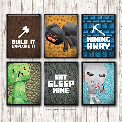 Pixel Miners Room Wall Art Prints Decor (Mining Away)
