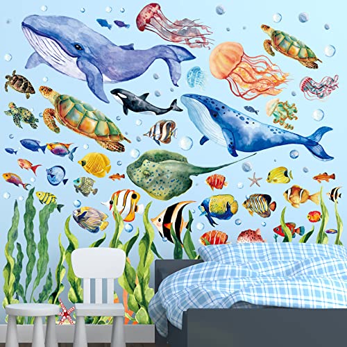 Glow in The Dark Under The Sea Wall Decals Glowing Ocean World Themed Wall  Stickers Sea Turtle Seaweed Jellyfish Removable Wall Decor for Bathroom