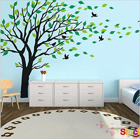 Large Tree Blowing in The Wind Tree Wall Decals Wall Sticker Vinyl Art Kids Rooms Teen Girls Boys Wallpaper Murals Sticker Wall Stickers Nursery Decor Nursery Decals (Black and Green,Right)