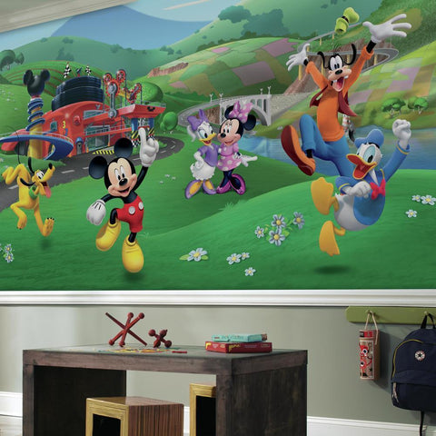 MICKEY AND FRIENDS ROADSTER RACER XL CHAIR RAIL PREPASTED MURAL 6' X 10.5' - ULTRA-STRIPPABLE