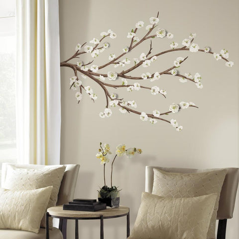 WHITE BLOSSOM BRANCH PEEL AND STICK GIANT WALL DECALS W/ FLOWER EMBELLISHMENTS