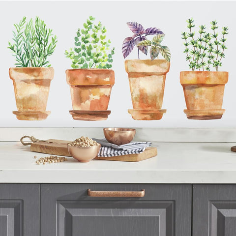 WATERCOLOR POTTED HERBS PEEL AND STICK WALL DECALS