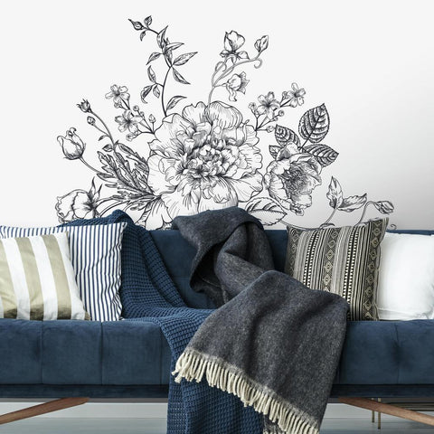 BLACK AND WHITE PEONY PEEL AND STICK GIANT WALL DECALS