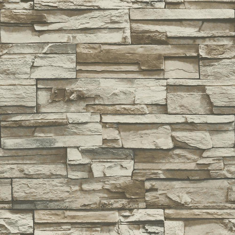 STACKED STONE GREY/BROWN PEEL AND STICK WALLPAPER